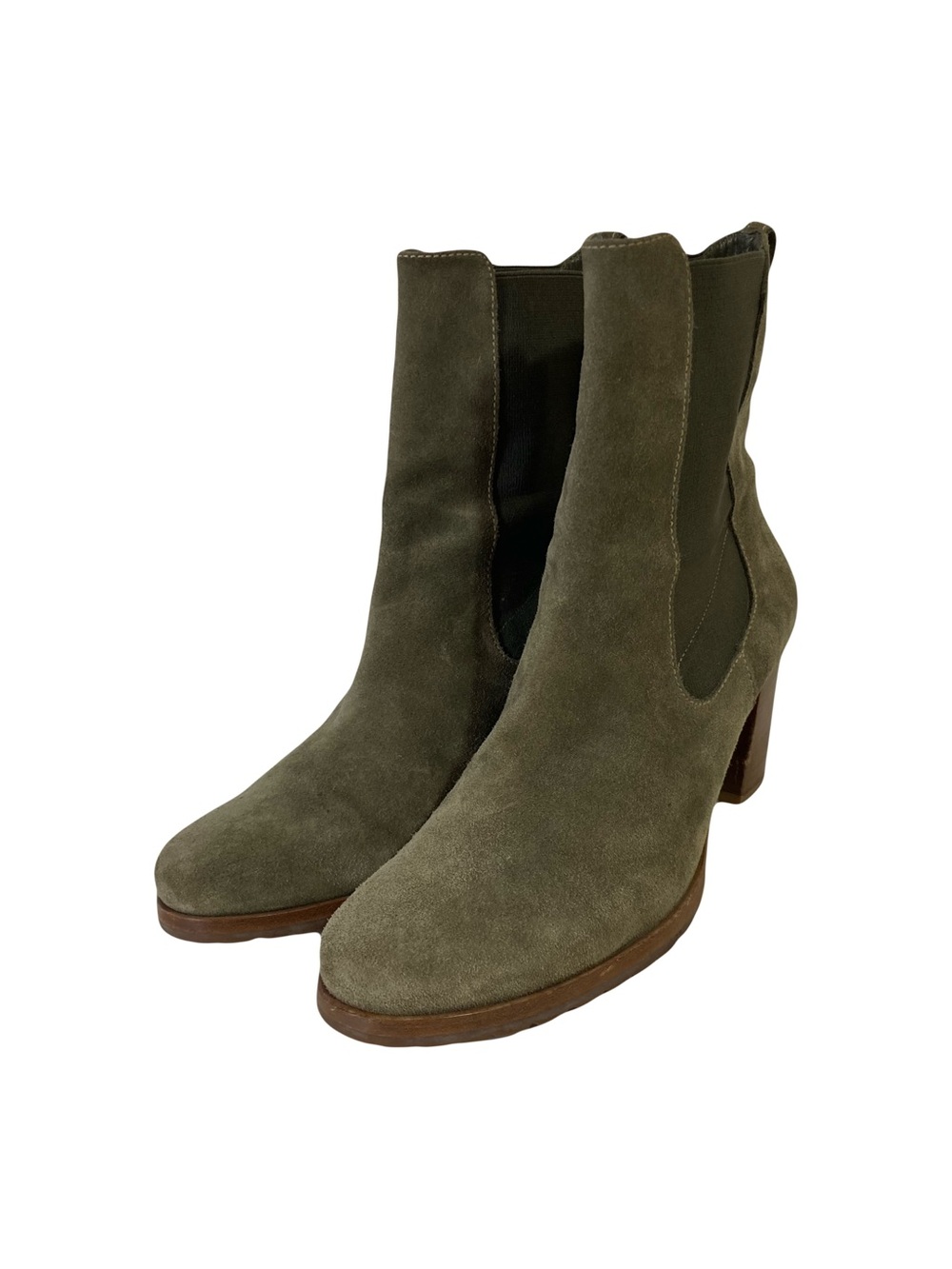 COLE HAAN Boots Women 11B Olive-Green Khaki Suede Stock-Heel Stretchy Panels